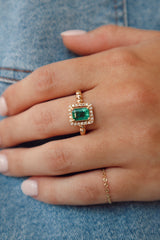 Yellow 14 Karat Gold 0.97 Carats Emerald & 0.16 Carats Diamonds Halo Ring