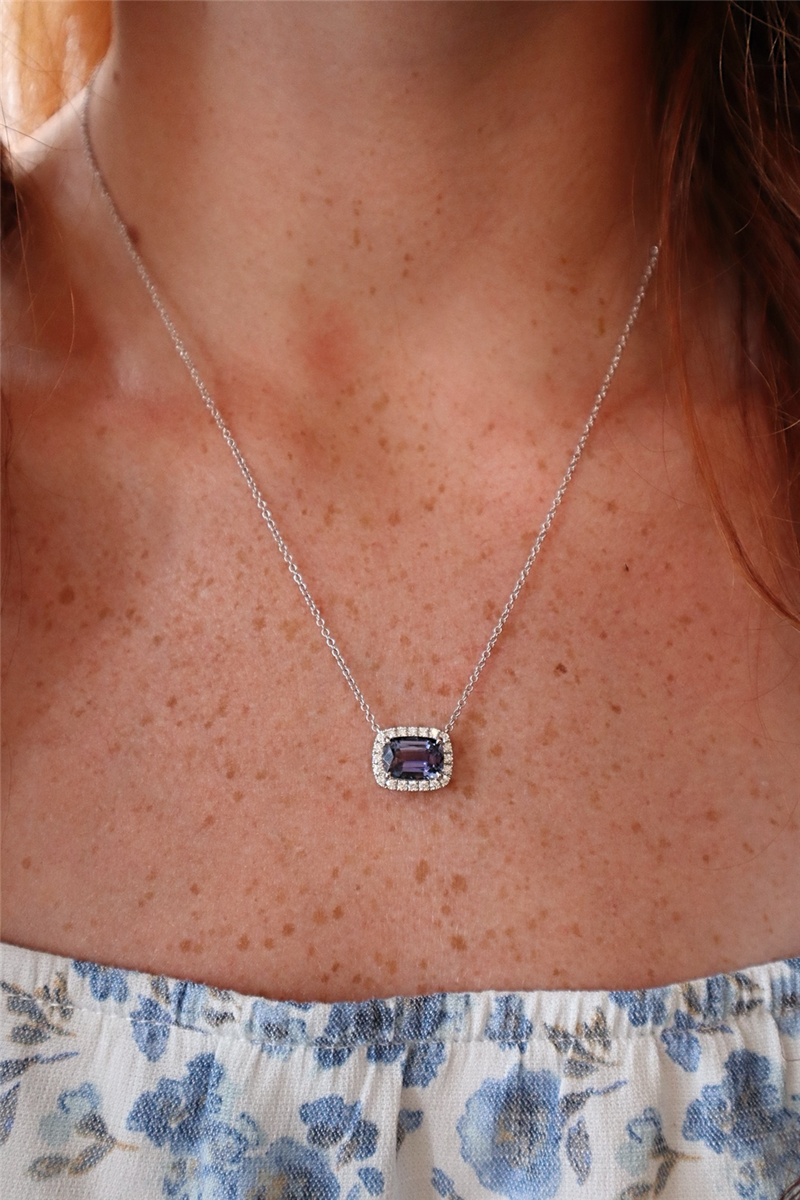 Vibrant Colored Stone Necklaces 18K White Gold 2.75 Carats Tanzanite & 0.32 Carats Diamond Halo Necklace, 18 Inch