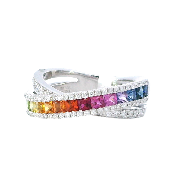 Elegant & Trendy 18K White Gold 1.07 Carats Princess Cut Rainbow Sapphire & 0.37 Carat Round Diamond Band