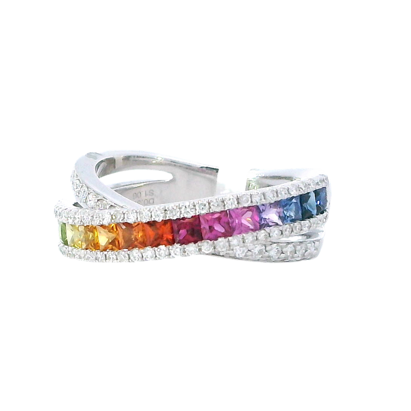 Elegant & Trendy 18K White Gold 1.07 Carats Princess Cut Rainbow Sapphire & 0.37 Carat Round Diamond Band