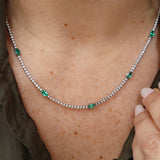 Vibrant Colored Stone Necklaces 18K White Gold 1.70 Carats Emerald & 3.11 Carats Diamond Tennis Necklace, 18 Inch