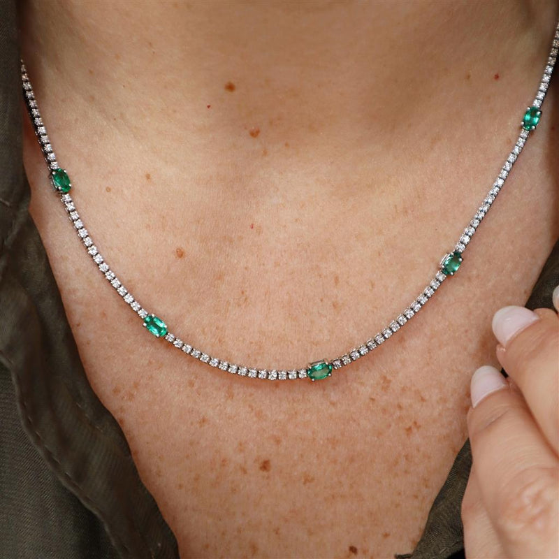 Vibrant Colored Stone Necklaces 18K White Gold 1.70 Carats Emerald & 3.11 Carats Diamond Tennis Necklace, 18 Inch
