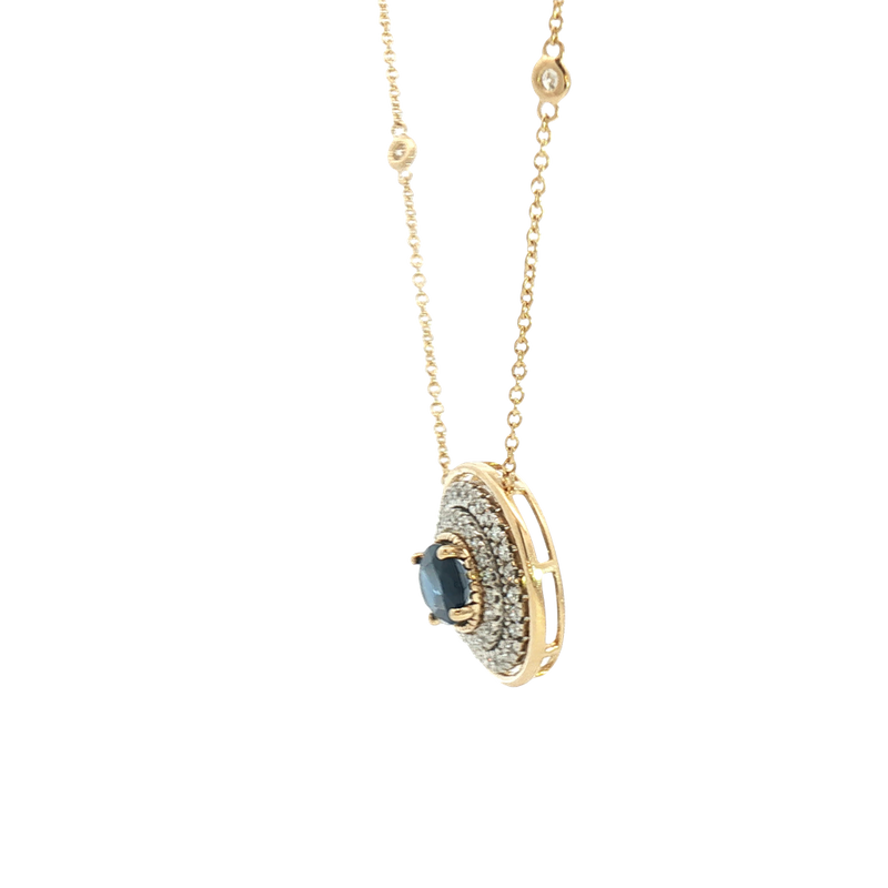 Vibrant Colored Stone Necklaces 14K Gold Yellow & White 1.26 Carats Sapphire & 0.44 Carats Diamond Necklace, 18 Inch