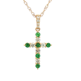 Vibrant 18K Yellow Gold 0.13 Carats Emerald & 0.16 Carats Diamond Small Cross Pendant