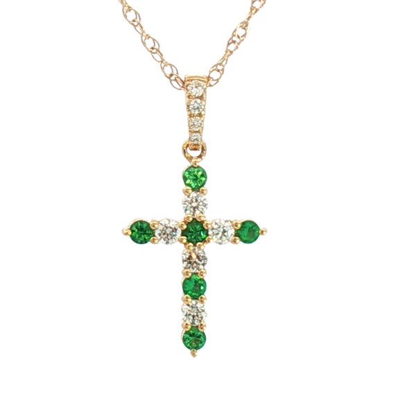 Vibrant 18K Yellow Gold 0.13 Carats Emerald & 0.16 Carats Diamond Small Cross Pendant