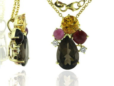 Yellow 14 Karat Gold 8.70 Multi Gemstone &  0.14 Carats Diamond Drop Necklace