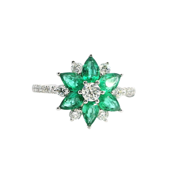 Bold & Elegant 18K Gold White Accented Color Stone Floral Inspired Fashion Ring -  Emeralds 1.02 Carats & Diamonds 0.59 Carats