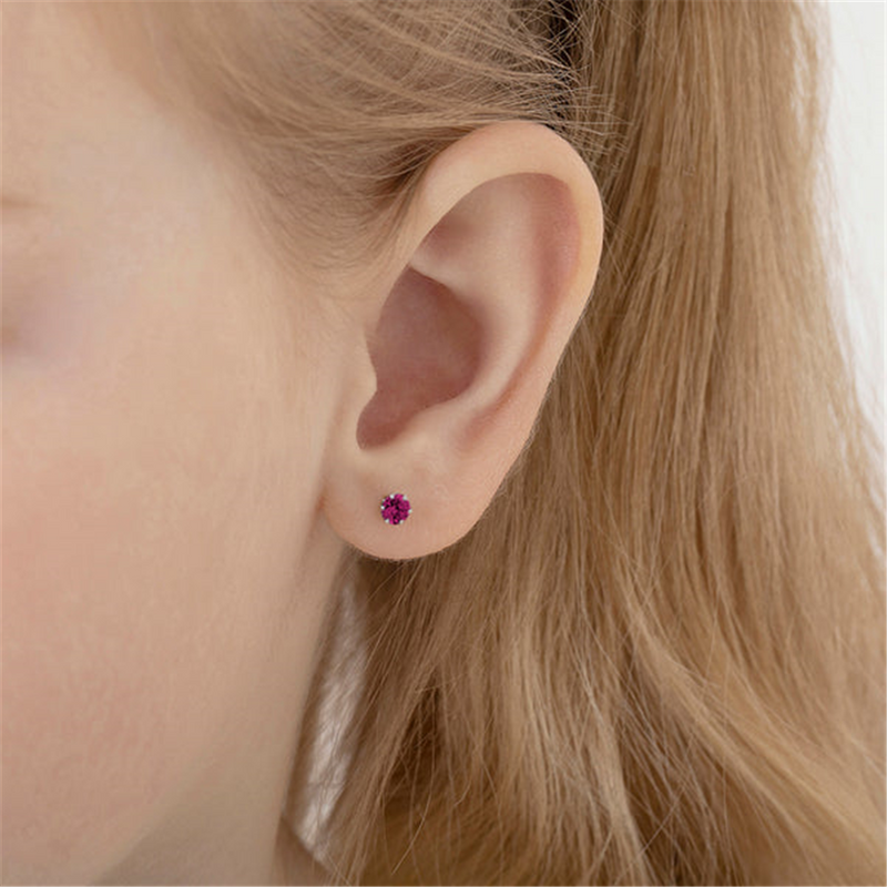14K White Gold July Birthstone Pink CZ Earrings For Children