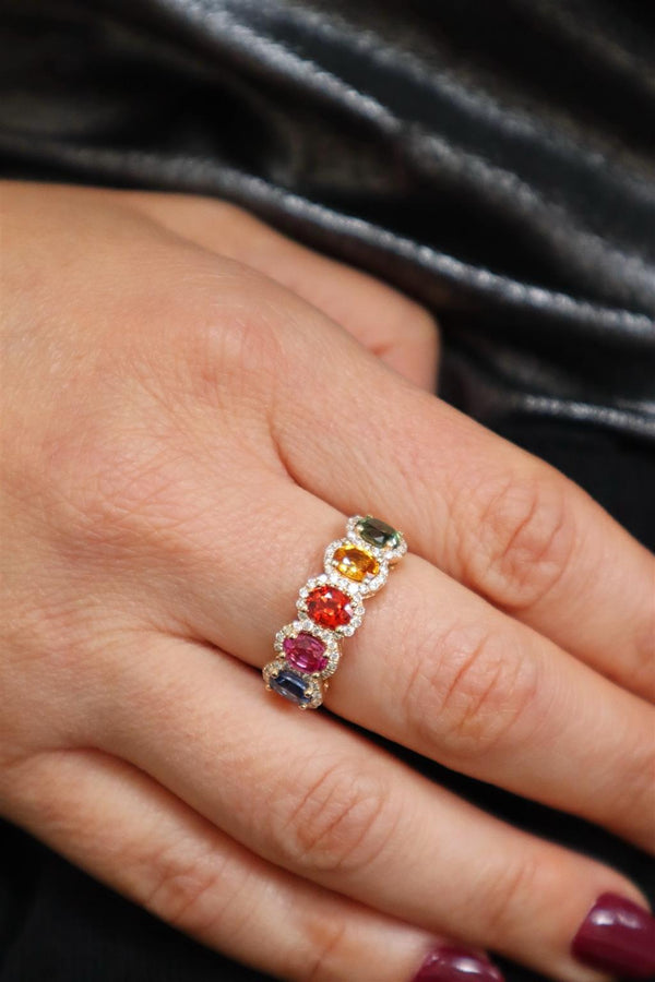 Bold & Elegant 14K Yellow Gold Oval Cut 2.78 Carats Mulit Colored Sapphires &  0.34 Carats Diamond Halo Ring