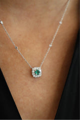 Vibrant Colored Stone Necklaces 18K Gold White 0.34 Carats Round Emerald & 0.46 Carats Diamond Halo Necklace, 18 Inch