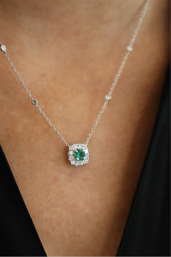 Vibrant Colored Stone Necklaces 18K Gold White 0.34 Carats Round Emerald & 0.46 Carats Diamond Halo Necklace, 18 Inch