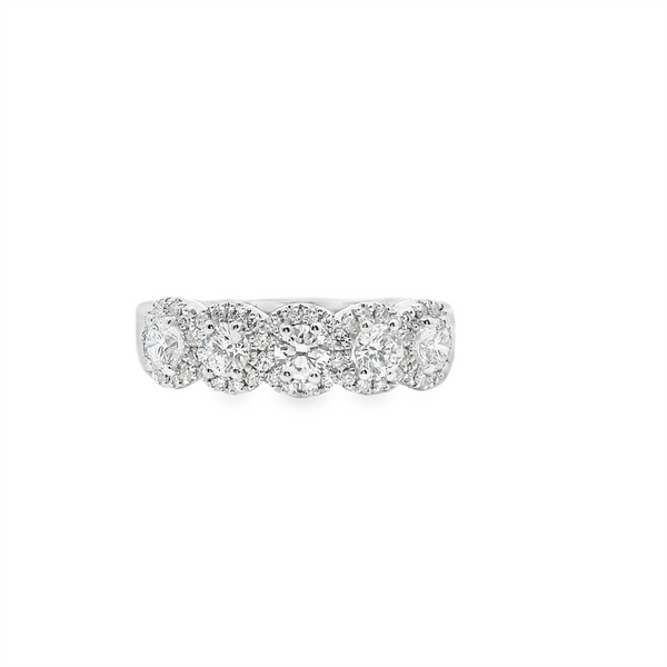 14K White Gold 1.10ctw Diamond Anniversary Band - Five Stone with Halo Design