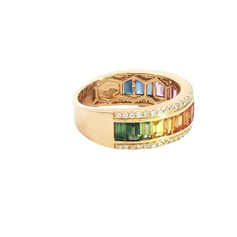 Bold & Elegant 14K Yellow Gold Baguette 2.17 Carats Rainbow Sapphires & 0.26 Carats Diamond Band