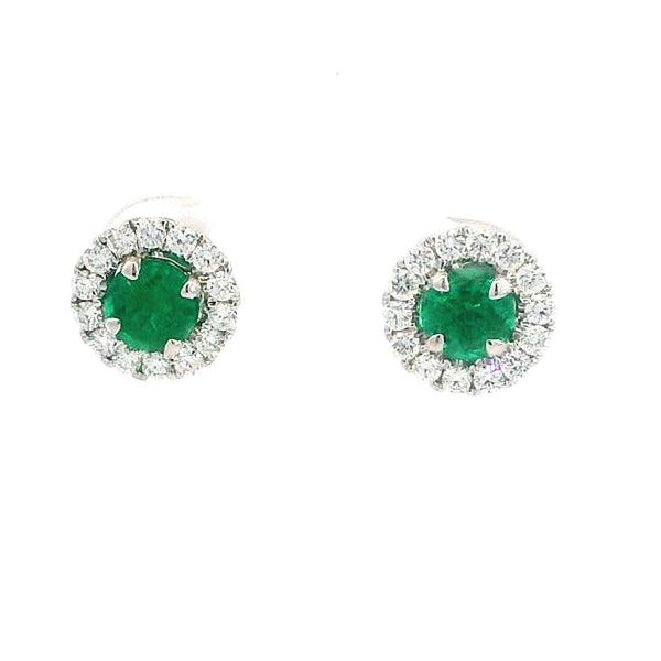 Vibrant Color Stone 18K White Gold 0.96 Carats Emerald & 0.51 Carat Diamond Halo Stud Earrings