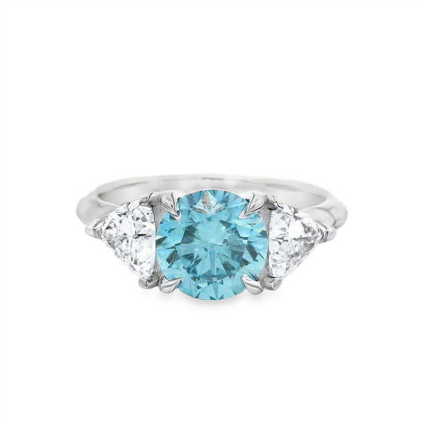 14K Gold White Lab Grown 3 Stone 1.72 Carats Vivid Blue Round Diamond & 1.02 Carats Trillion Cut Diamond Engagement Ring -  2.74 CTW Diamond