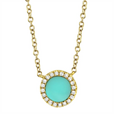 Vibrant Colored Stone Necklaces 14K Gold Yellow 0.33 Carats Turquoise & 0.04 Carats Diamond Halo Necklace, 18 Inch Adjustable