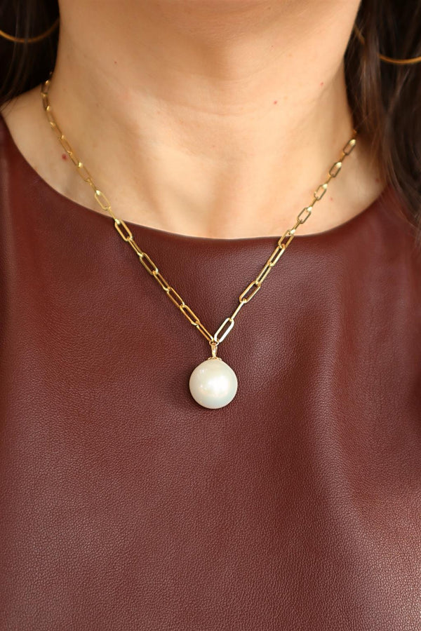 Elegant Pearl Necklaces & Pendants 14K Yellow Gold Paper Clip Link & 14-15 MM Windsor Fresh Water Pearl Necklce - 17 Inch
