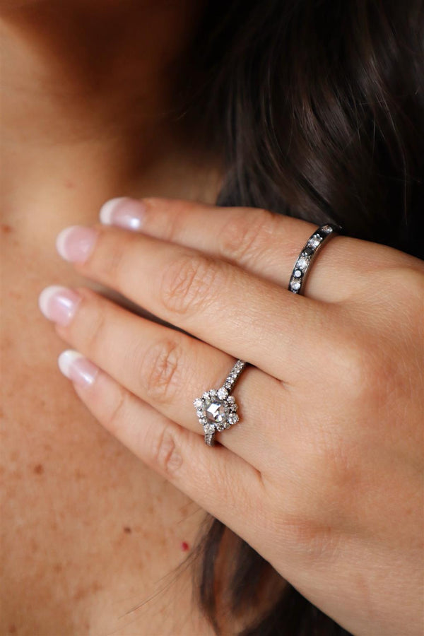 Contemporary 18K White Gold Halo With Gun Metal Finish 0.96 Carats Diamond Ring