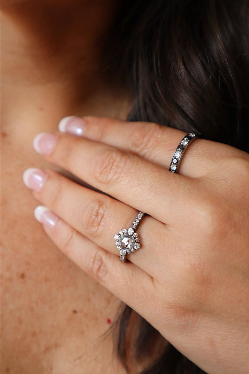 Contemporary 18K White Gold Halo With Gun Metal Finish 0.96 Carats Diamond Ring