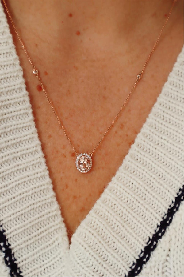 Vibrant Colored Stone Necklaces 14K Gold Rosé 1.00 Carat Morganite & 0.27 Carats Diamond Halo Necklace, 18 Inch
