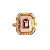 Bold & Elegant 18K Yellow Gold Emerald Cut 1.0 Carat Natural Pink Unheated Sapphire, Mother of Pearl & 0.27 Carats Diamond Double Halo Ring