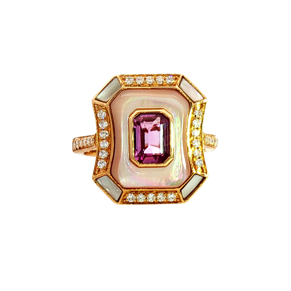 Bold & Elegant 18K Yellow Gold Emerald Cut 1.0 Carat Natural Pink Unheated Sapphire, Mother of Pearl & 0.27 Carats Diamond Double Halo Ring