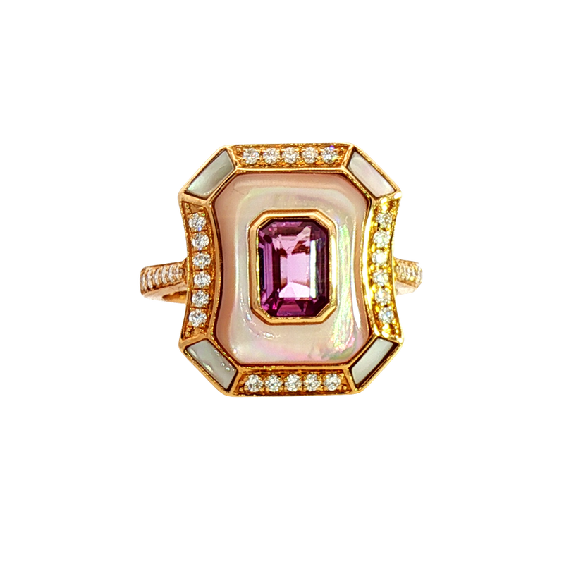 Bold & Elegant 18K Yellow Gold Emerald Cut 1.0 Carat Natural Pink Unheated Sapphire, Mother of Pearl & 0.27 Carats Diamond Double Halo Ring