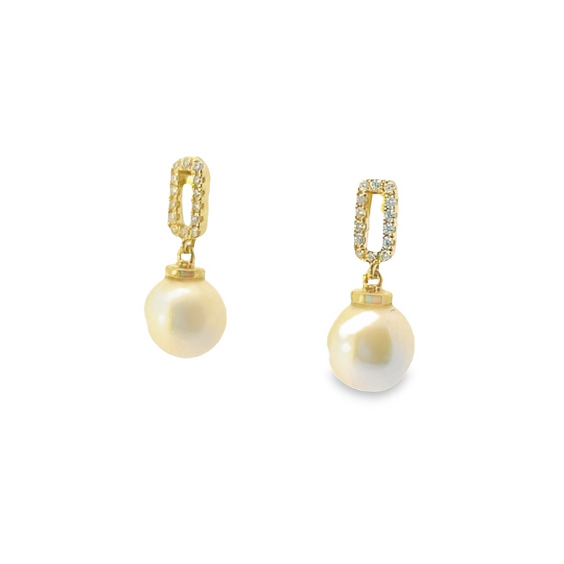 Yellow 14 Karat Gold Round Pearl & 0.10 Carats Diamond Dangle Earrings