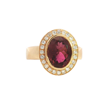 Bold & Elegant 18K Yellow Gold Oval Cut 2.89 Carats Reddish Pink Tourmaline & 0.33 Carats Diamond Halo Ring