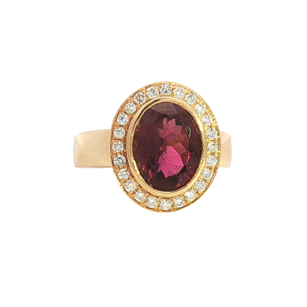 Bold & Elegant 18K Yellow Gold Oval Cut 2.89 Carats Reddish Pink Tourmaline & 0.33 Carats Diamond Halo Ring