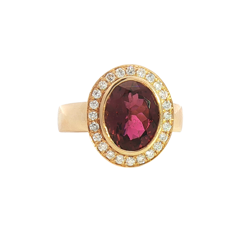 Bold & Elegant 18K Yellow Gold Oval Cut 2.89 Carats Reddish Pink Tourmaline & 0.33 Carats Diamond Halo Ring