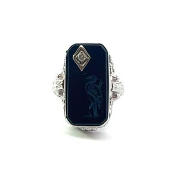 White 10 Karat Gold Vintage Onyx and Diamond Ring