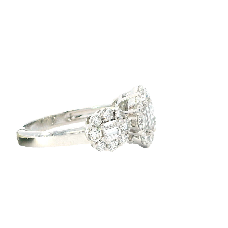 Elegant & Trendy 18K Gold White 1.49 Carats Baguette & Round Diamond Halo Fashion Ring