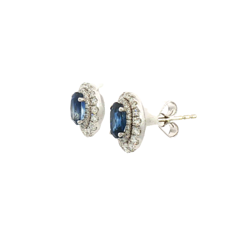 Vibrant Color Stone 18K White  Gold 1.24 Carats Sapphire & Double Halo 0.55 Carats Diamond Stud Earrings