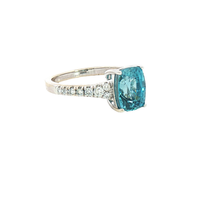 Bold & Elegant 14K White Gold Cushion Cut 3.75 Carats Blue Zircon & 0.29 Carats Diamond Ring