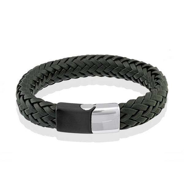 Bold & Stylish Alternative Metal Bracelets Two-Toned Stainless Steel & Black Leather 11MM Bracelet, 8.2 Inch