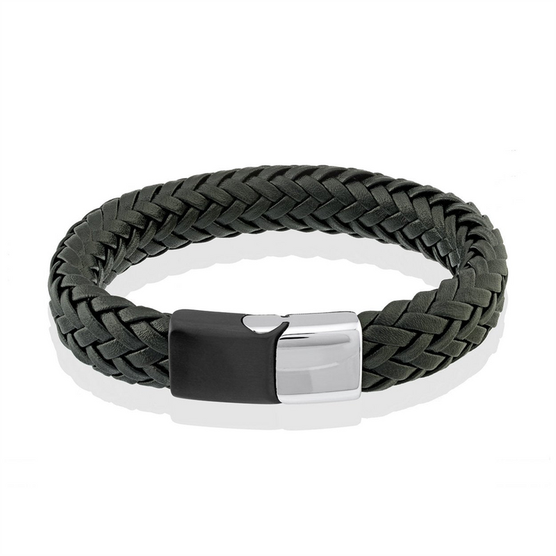 Bold & Stylish Alternative Metal Bracelets Two-Toned Stainless Steel & Black Leather 11MM Bracelet, 8.2 Inch