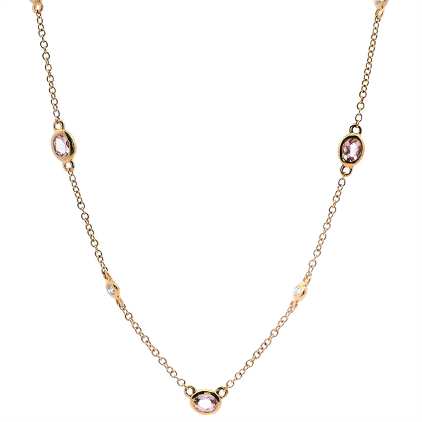 Vibrant 18K Gold Rosé 1.13 Carats Morganite & 0.20 Carats Diamond Station Necklace, 18 Inch