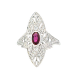 Bold & Elegant 18K White Gold 0.51 Carat Oval Cut Ruby & Art Deco Inspired Diamond Halo Ring