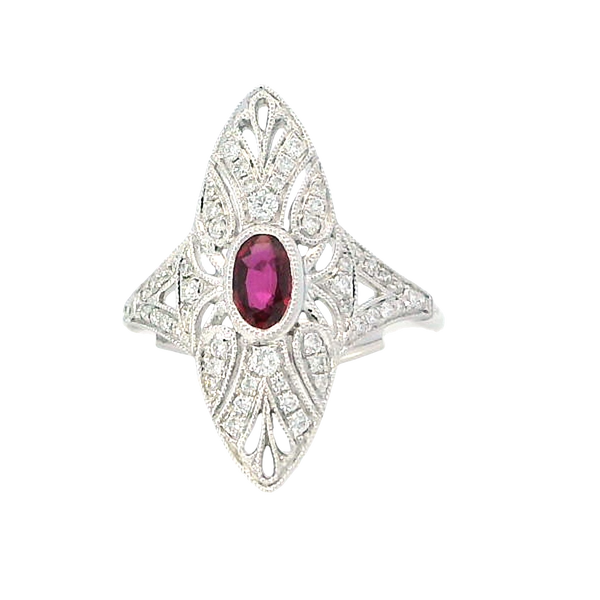 Bold & Elegant 18K White Gold 0.51 Carat Oval Cut Ruby & Art Deco Inspired Diamond Halo Ring