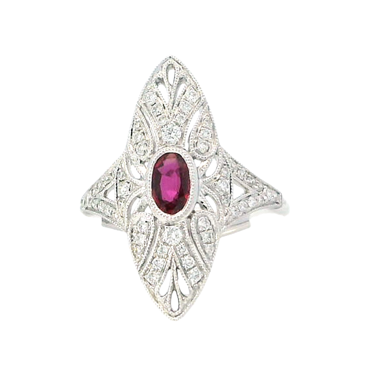 Bold & Elegant 18K White Gold 0.51 Carat Oval Cut Ruby & Art Deco Inspired Diamond Halo Ring