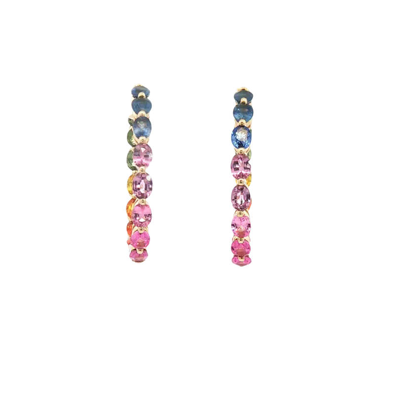 Vibrant Color Stone 14K Yellow Gold Oval Cut 6.78 Carats Multi Colored Sapphire Large Hoop Earrings