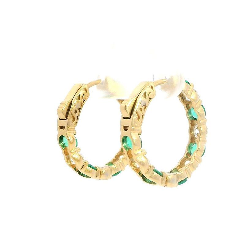 Vibrant Color Stone 18K Gold Yellow 1.93 Carats Emerald & 1.62 Carats Diamond Medium Inside Out Hoop Earrings