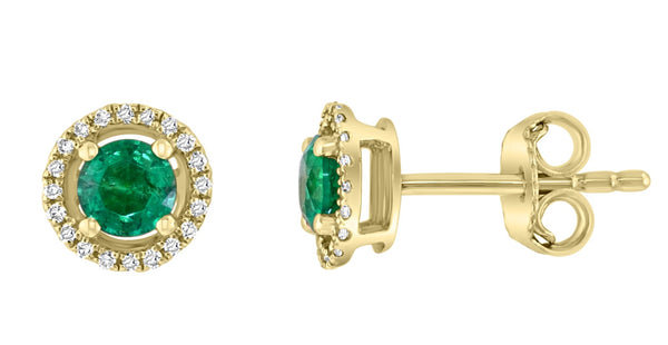 Yellow 14 Karat Gold 0.50 Carats Emeralds & 0.10 Carats Diamond Stud Earrings