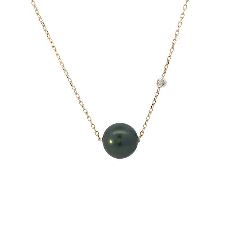 Elegant Pearl Necklaces & Pendants 14K Yellow Gold &  8 - 9 MM Tahitian Cultured Black Pearl & 0.01 Carats Diamond Necklce - 18 Inch