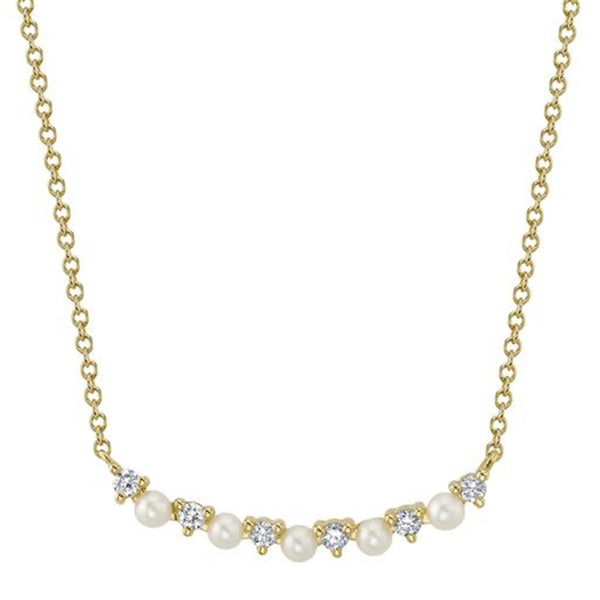 Elegant Pearl Necklaces & Pendants 14K Yellow Gold 2.3-2.5 MM Pearl & 0.12 Carats Diamond Cuved Bar Necklce - 18 Inch