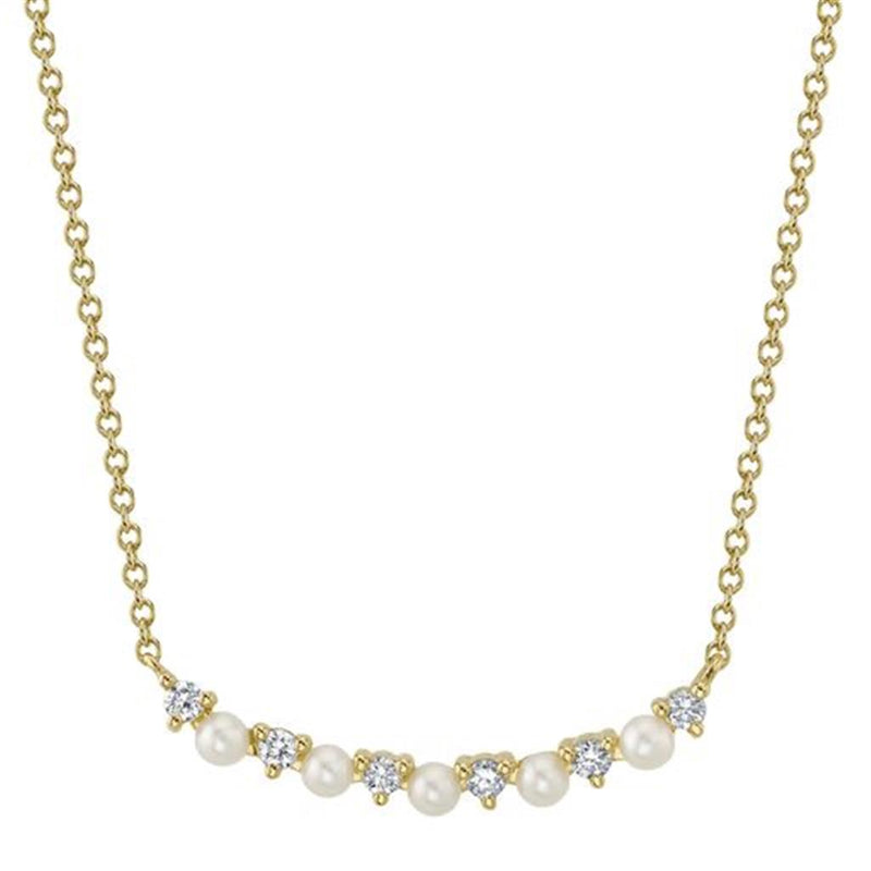 Elegant Pearl Necklaces & Pendants 14K Yellow Gold 2.3-2.5 MM Pearl & 0.12 Carats Diamond Cuved Bar Necklce - 18 Inch