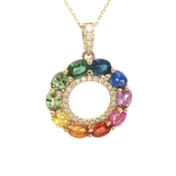 Vibrant Colored Stone Necklaces 14K Yellow Gold 2.17 Carats Multi Colored Sapphires & 0.12 Carats Diamond Necklace, 18 Inch