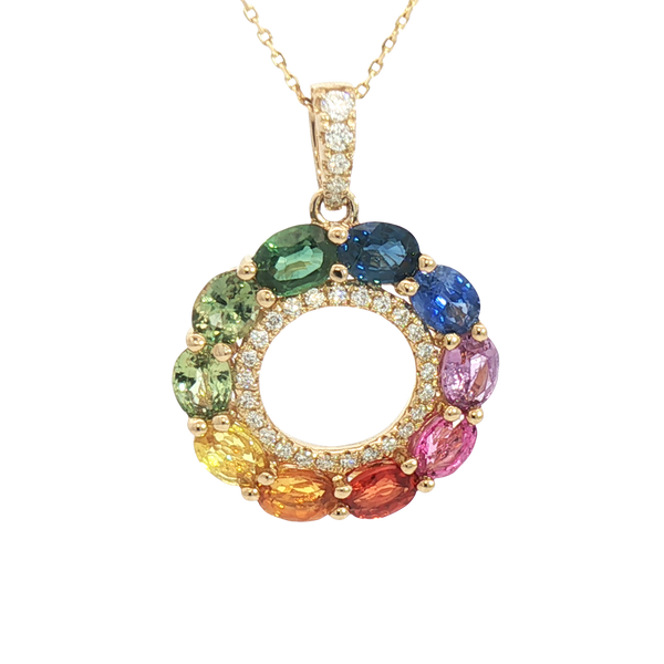Vibrant Colored Stone Necklaces 14K Yellow Gold 2.17 Carats Multi Colored Sapphires & 0.12 Carats Diamond Necklace, 18 Inch