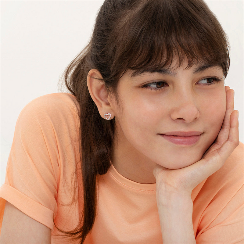 Sterling Silver Two in One Heart October Birthstone Pink CZ Earrings For Children